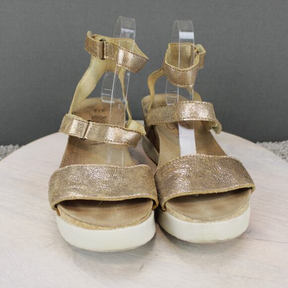 Fly London Wedge Sandals Womens 10.5 Gold Leather - Picture 3 of 10